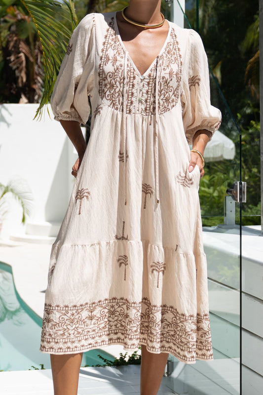Kaena Brown Tropical Embroidered Volume Sleeve Midi Dress