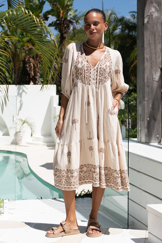 Kaena Brown Tropical Embroidered Volume Sleeve Midi Dress