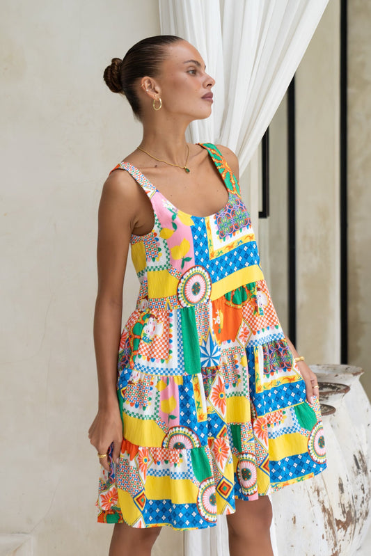 Allegra Multicolour Patchwork Scoop Neck Mini Dress