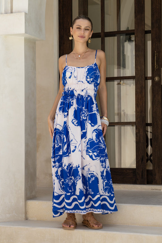 Cynthia Blue Floral Ruched Detail Maxi Dress
