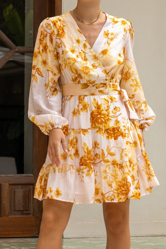 Fiorella Yellow Floral Wrap Mini Dress
