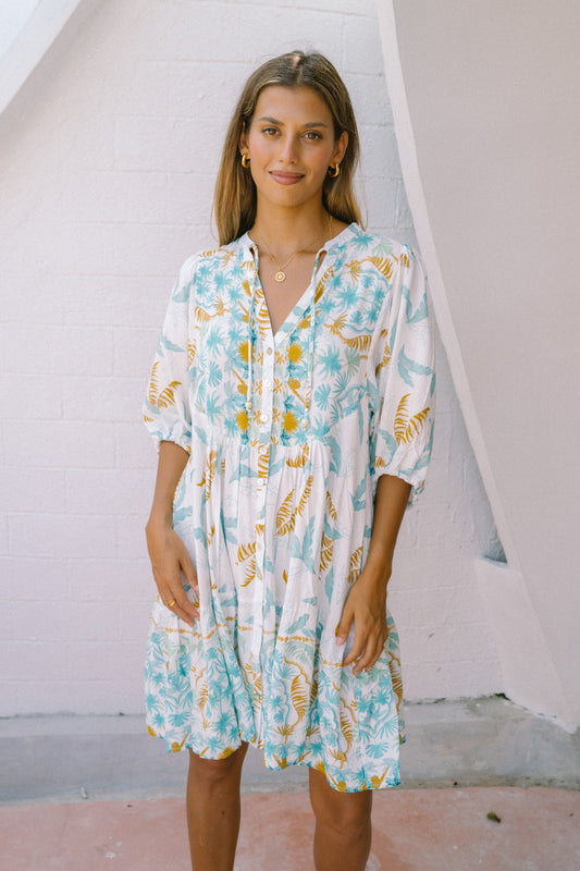 Wisteria Blue Floral Boho Button Down Mini Dress