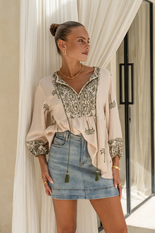 Kaena Green Tropical Embroidered Blouse