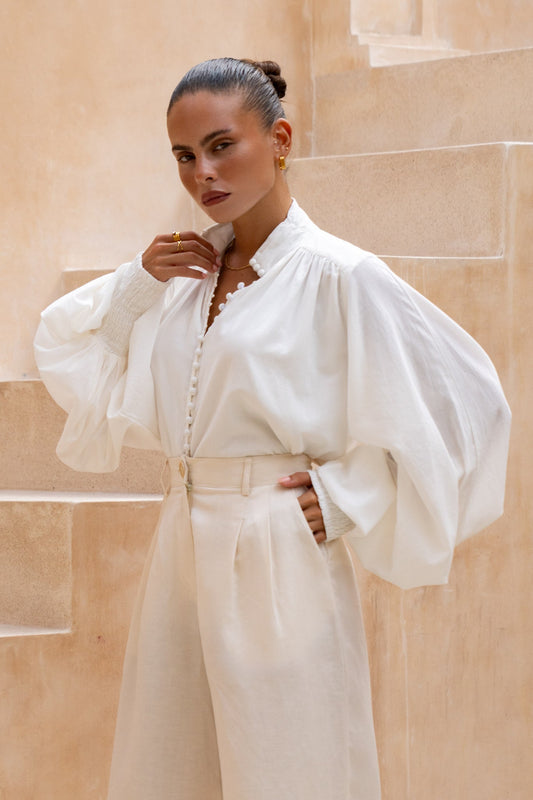 Erin White Button Balloon Sleeve Blouse