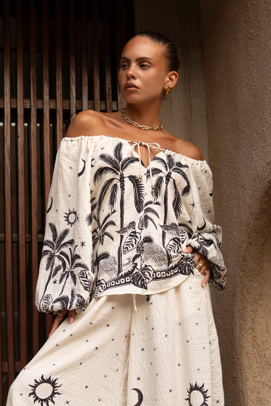 Savani Beige Black Tropical Blouse