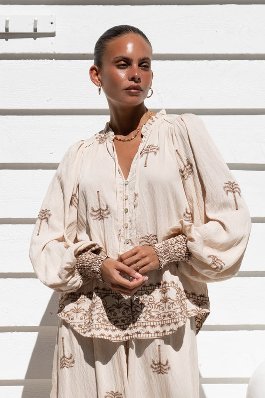Kaena Brown Tropical Embroidered Balloon Sleeve Blouse