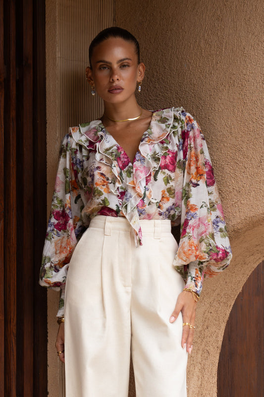 Alba Pink Floral Ruffle Long Sleeve Blouse