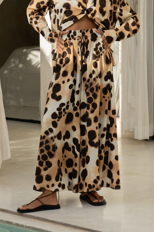 Zelina Brown Leopard Spot Wide Leg Cropped Pants
