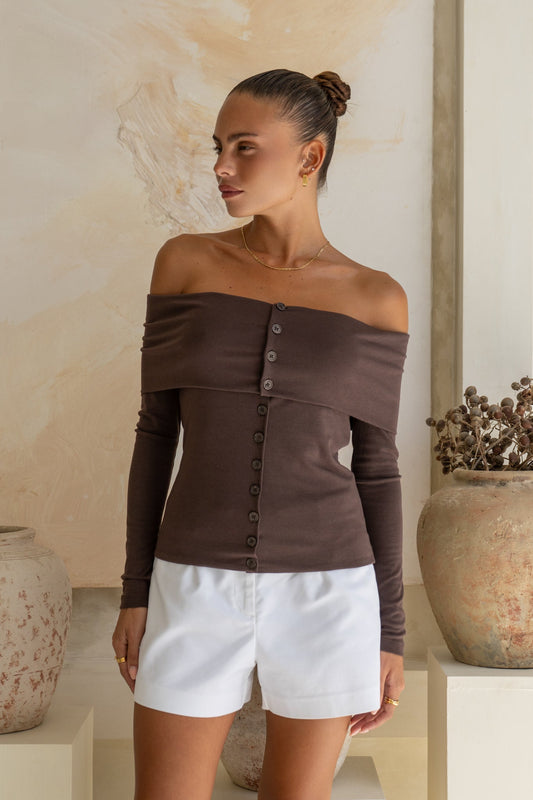 Arima Brown Off Shoulder Long Sleeve Top