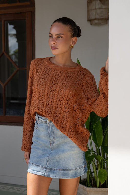 Haisley Brown Pointelle Knit Sweater