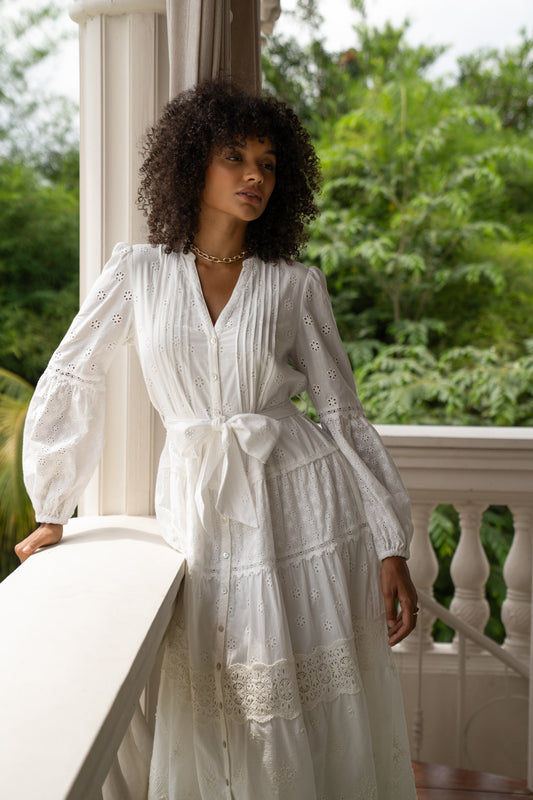Linnea White Eyelet Long Sleeve Maxi Dress