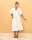 Weatherly Off-White Puff Sleeve Midi Dress