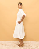 Weatherly Off-White Puff Sleeve Midi Dress
