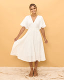 Weatherly Off-White Puff Sleeve Midi Dress