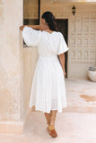 Weatherly Off-White Puff Sleeve Midi Dress