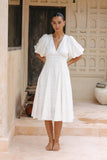 Weatherly Off-White Puff Sleeve Midi Dress