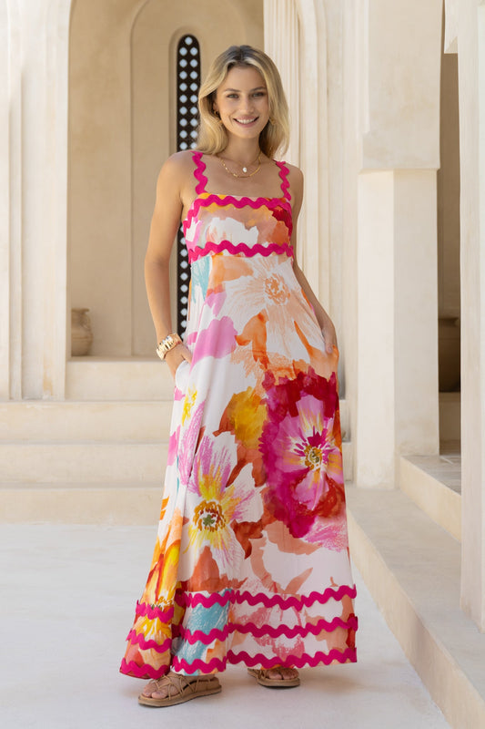 Genevieve Pink Floral Ric Rac Maxi Dress