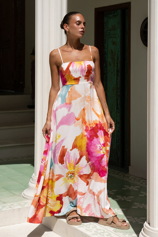 Genevieve Pink Floral Flared Maxi Dress