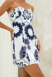 Morgana Beige Navy Floral Sweetheart Strapless Mini Dress
