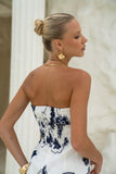 Morgana Beige Navy Floral Sweetheart Strapless Mini Dress