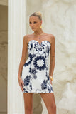 Morgana Beige Navy Floral Sweetheart Strapless Mini Dress
