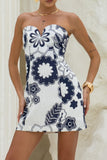 Morgana Beige Navy Floral Sweetheart Strapless Mini Dress