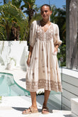 Kaena Brown Tropical Embroidered Volume Sleeve Midi Dress