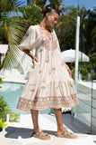Kaena Brown Tropical Embroidered Volume Sleeve Midi Dress