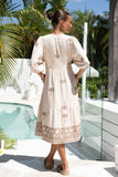 Kaena Brown Tropical Embroidered Volume Sleeve Midi Dress
