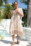 Kaena Brown Tropical Embroidered Volume Sleeve Midi Dress