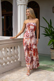 Tarielle Red Brown Floral Strapless Maxi Dress