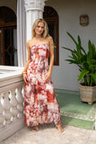 Tarielle Red Brown Floral Strapless Maxi Dress