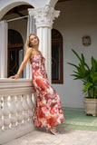 Tarielle Red Brown Floral Strapless Maxi Dress