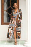 Wina Brown Tropical Long Sleeve Maxi Dress