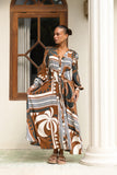 Wina Brown Tropical Long Sleeve Maxi Dress