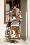Wina Brown Tropical Long Sleeve Maxi Dress