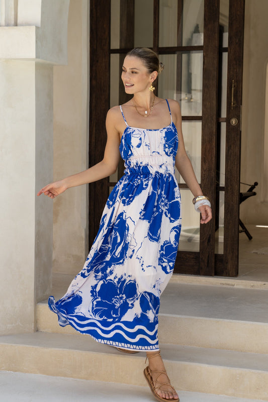 Cynthia Blue Floral Ruched Detail Maxi Dress