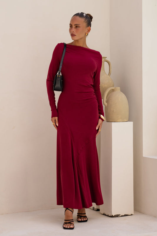 Amelyn Wine Red Long Sleeve Maxi Dress