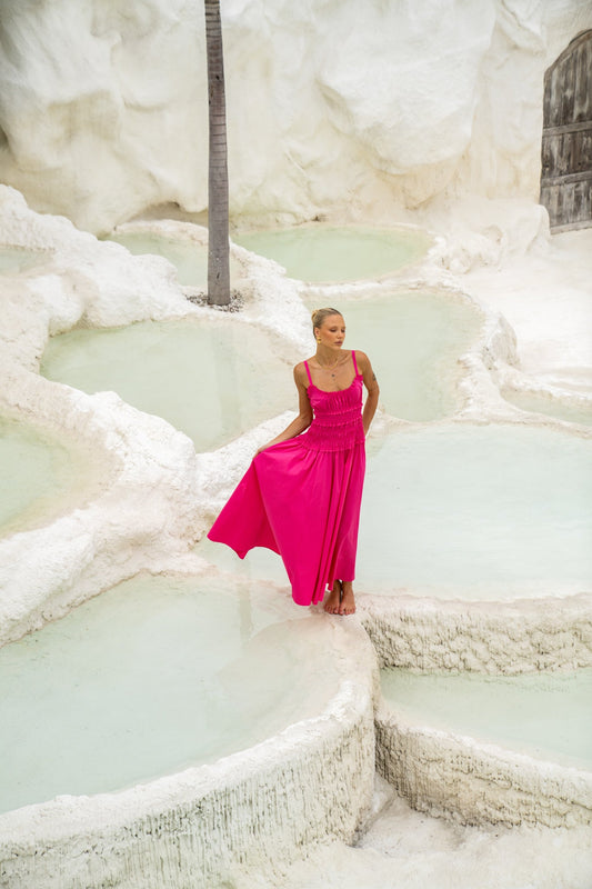 Seline Hot Pink Ruched Detail Maxi Dress