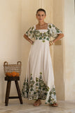 Sabina Green Tropical Flared Sleeve Maxi Dress