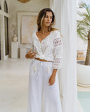 Devin White Button Down Lace Sleeve Top