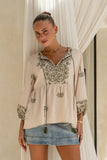 Kaena Green Tropical Embroidered Blouse