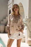 Kaena Brown Tropical Embroidered Blouse