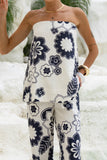 Morgana Beige Navy Floral Strapless Top