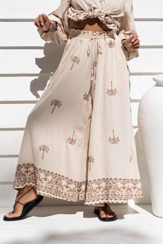Kaena Brown Tropical Embroidered Wide Leg Cropped Pants