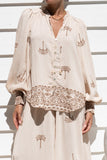 Kaena Brown Tropical Embroidered Balloon Sleeve Blouse