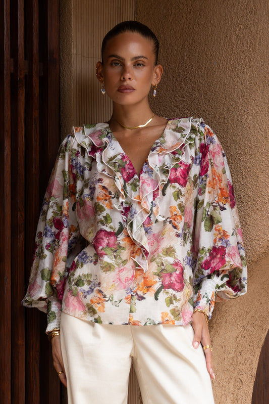 Alba Pink Floral Ruffle Long Sleeve Blouse