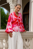 Chrisella Pink Floral Balloon Sleeve Blouse