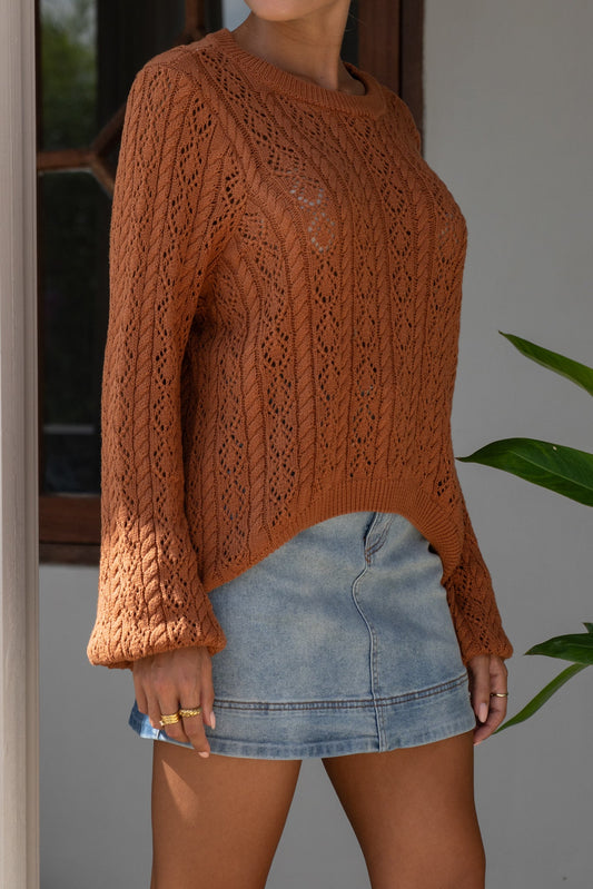 Haisley Brown Pointelle Knit Sweater