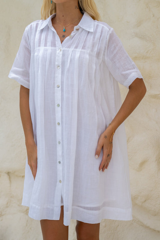 Teya White Pleat Detail Ramie Mini Dress